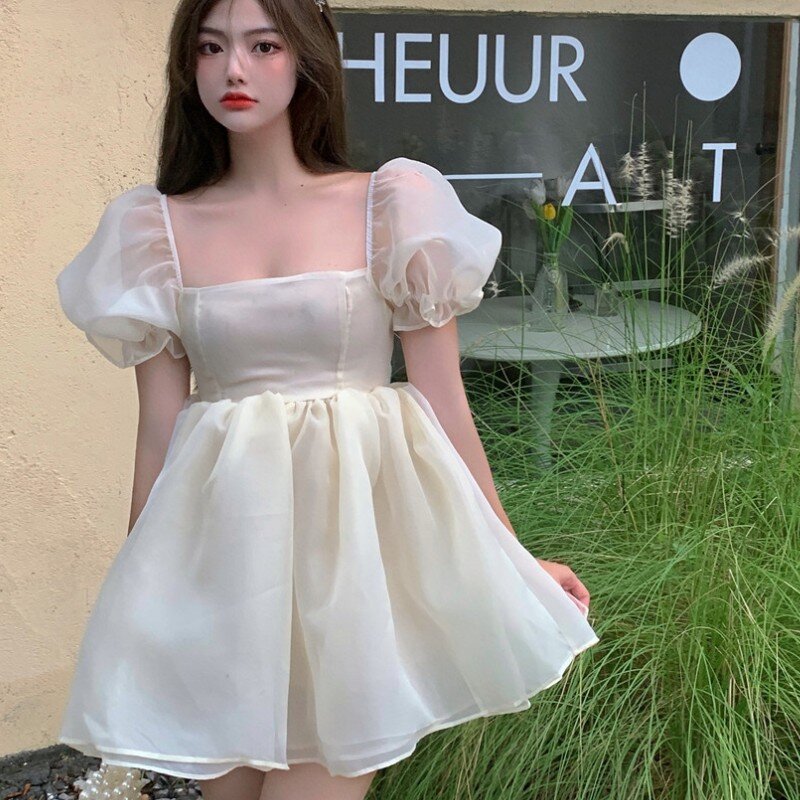 Vestido corto de Organza coreano para mujer, vestido rosa dulce, Retro, elegante, de verano, con cuello cuadrado y mangas abullonadas, de princesa, 2021
