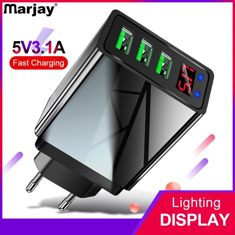 Marjay-cargador USB de 3 puertos, enchufe europeo y estadounidense, pantalla LED, 3.1A, carga rápida, cargador de teléfono móvil inteligente para iphone, Samsung, Xiaomi, tableta