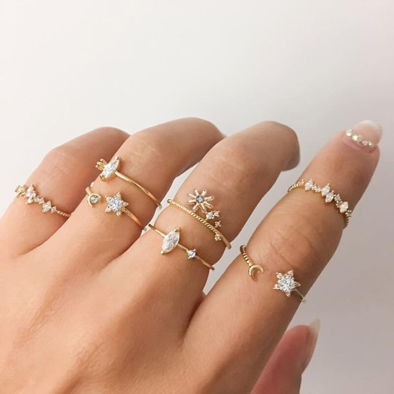 Conjunto de anillos de Luna y estrella de cristal para mujer, Color dorado Vintage, anillo de dedo bohemio para nudillos, accesorios de joyería para mujer, novedad de 2020