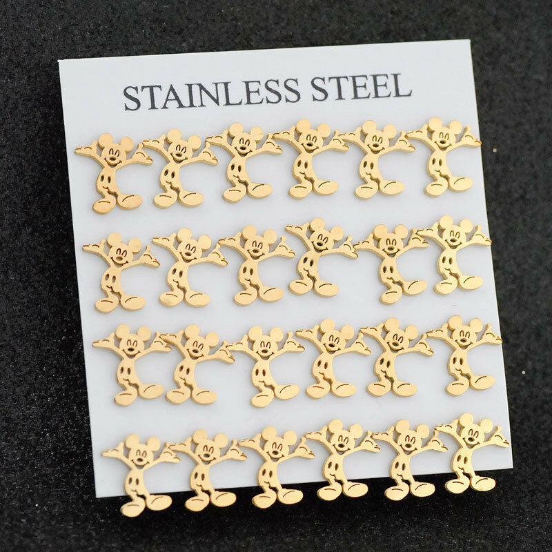 FENGLI Mickey Gold Stud Earrings Cute Animal Mouse Earring Cartoon Children Lady Jewelry Stainless Steel Accessories Gift