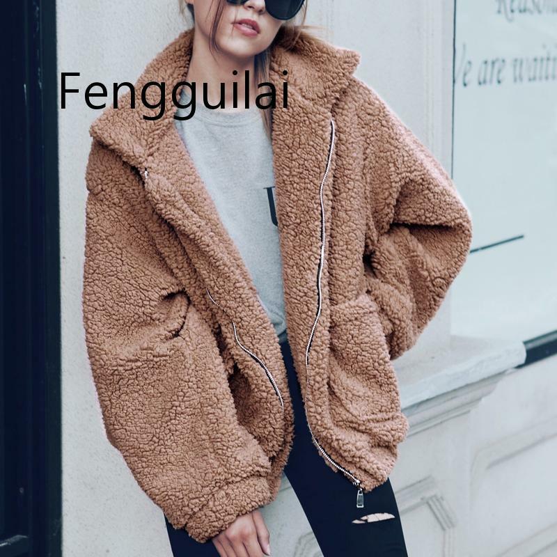 2020 양모 숏 코트 및 재킷 여성용, 두껍고 따뜻한 지퍼 짧은 캐주얼 솔리드 턴 다운 칼라 털이 재킷 코트, 겨울