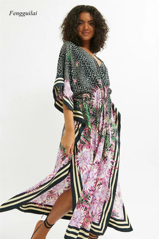 Polyester Floral Print Strand Sommer Cover Up Sexy Tiefem V-ausschnitt Robe Urlaub Sonnencreme Kleid