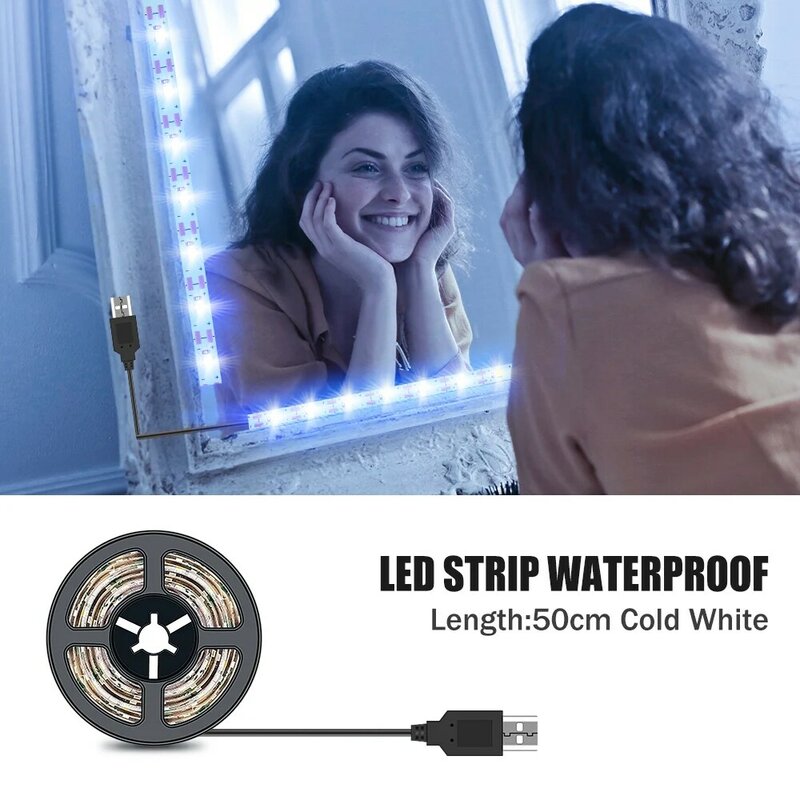 LED do makijażu lampa lustrzana Hollywood USB w łazience miękki pasek światła oświetlenie tła do TV taśma 50cm 1m 2m 3m 4m 5m do łazienki 2835