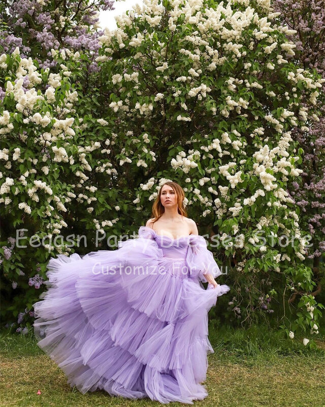 Eeqasn Gaun Prom Lengan Bengkak Panjang Lavender Gaun Malam Rok Berjenjang Bahu Gaun Formal Wanita Berenda 2022