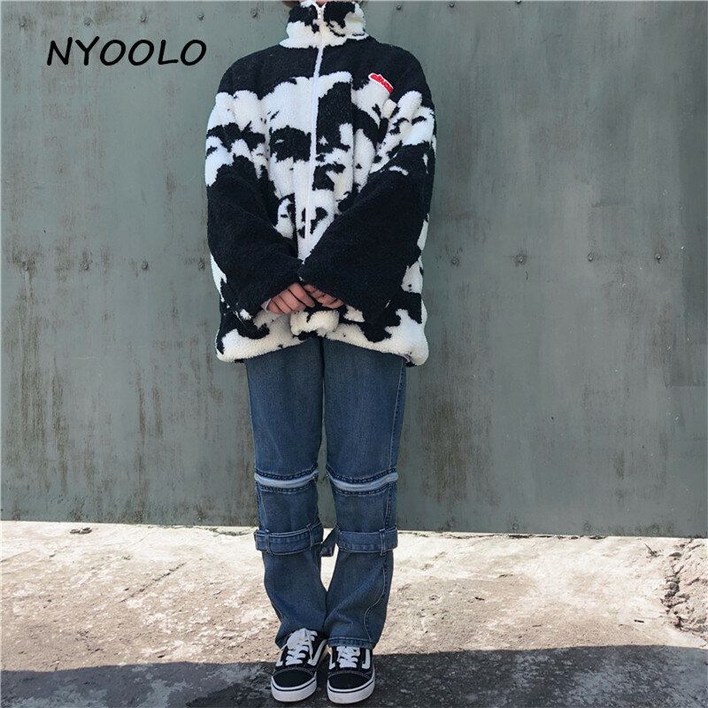 Nyoolo 캐주얼 스트리트 카우 패턴 램 양모 코트 가을 겨울 루스 힙합 특대 두꺼운 따뜻한 지퍼 자켓 여성 겉옷