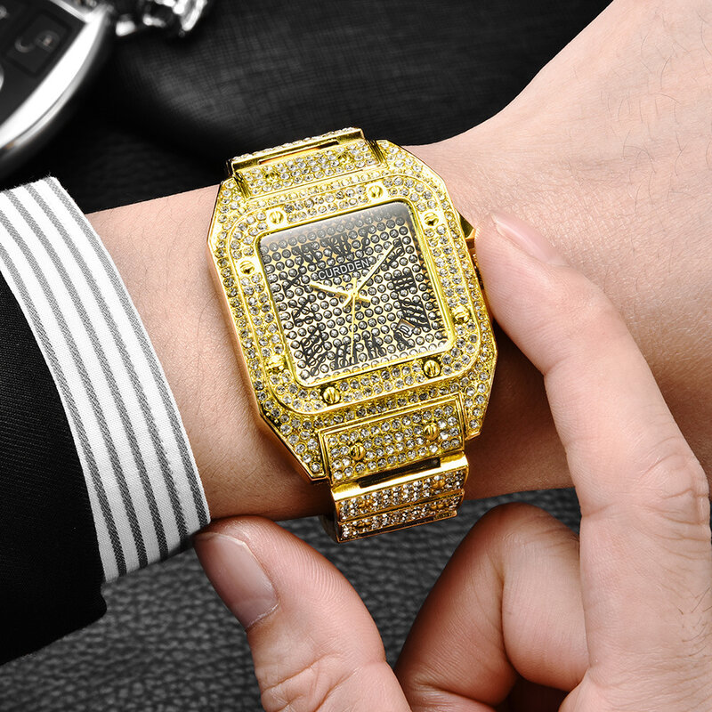 Часы наручные мужские кварцевые, Роскошные, со стразами, в стиле хип-хоп, из нержавеющей стали, золотистые