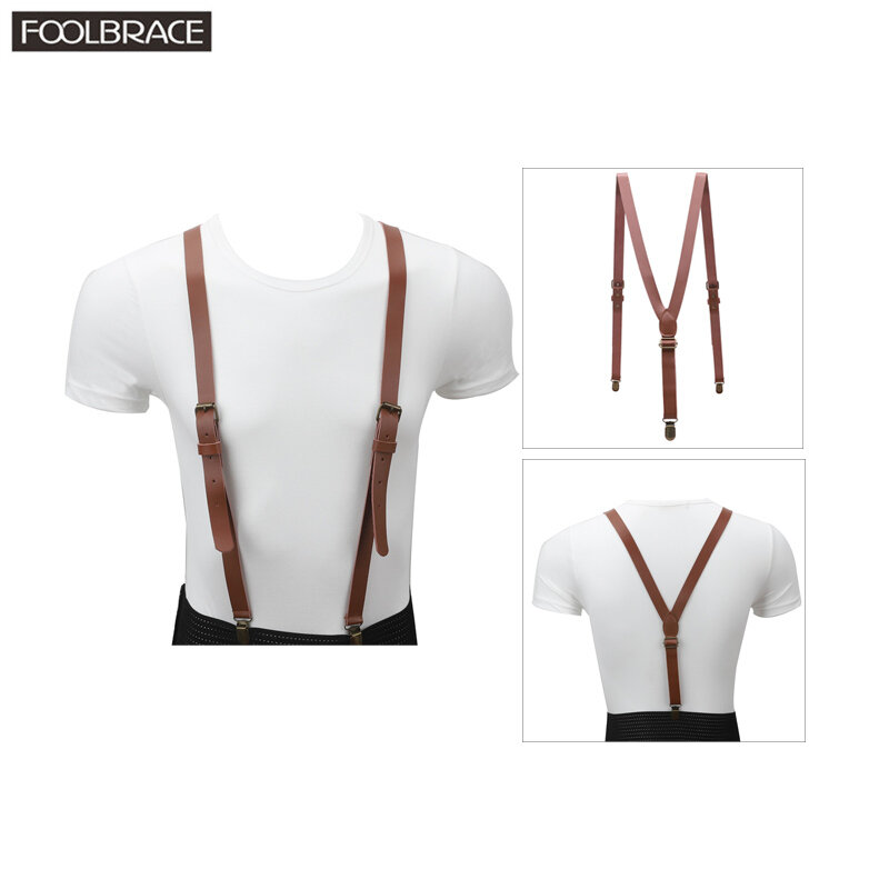 110*2cm Vintage Genuine Leather Suspender Mens/Women Adjustable Belt Bronze Brace Clips On Y-back Braces