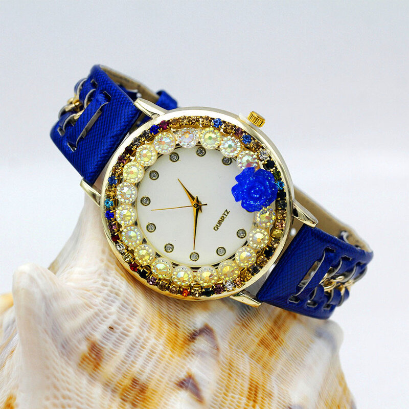 女性のための手作りの花の腕時計,光沢のあるラインストーン,レザーストラップ,女の子のための新しいコレクション,ピンク