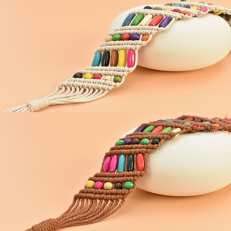 1PC Belts for Women Ethnic Wooden Bead Waistband Women Braided Belt Tassels Rope Fashion Casual Colourful Women's Belt