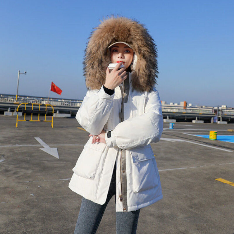 Новая женская зимняя пуховая куртка с воротником-стойкой с капюшоном и меховым воротником в Корейском стиле элегантная ветрозащитная куртка женские пальто