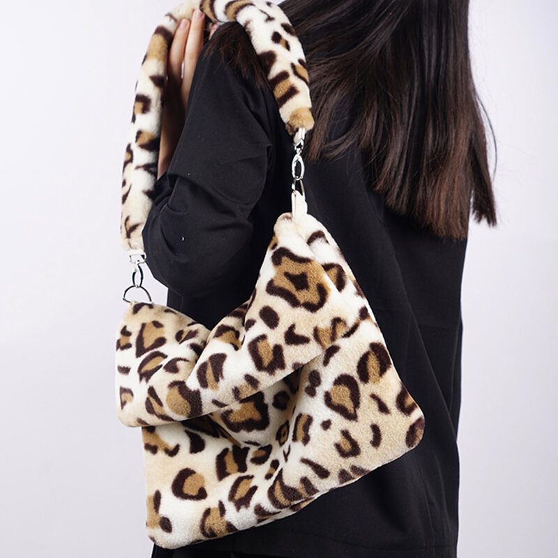 Moda leopardo de pelúcia feminina saco do mensageiro cheetah impressão da pele do falso ombro crossbody sacos para as mulheres 2020 bolsa macia