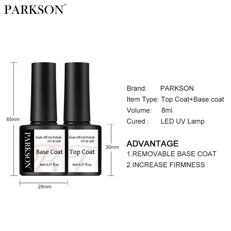 Parkson-Semi Permanente unha polonês Gel, Sem Wipe, Top Base Coat, Design, Enhancer, Verniz, Soak Off, LED UV, Art Tool