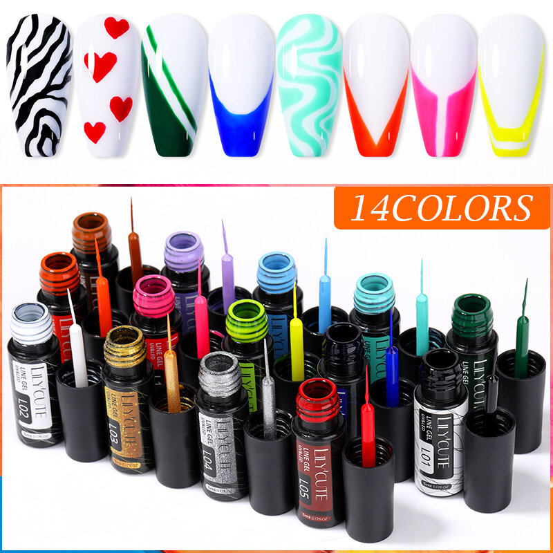 LILYCUTE 네일 아트 라인 폴리시 젤 키트, UV/LED 페인트 네일 드로잉 폴리시, DIY 페인팅, 바니시 라이너 젤 도구, 14 가지 색상, 5ml