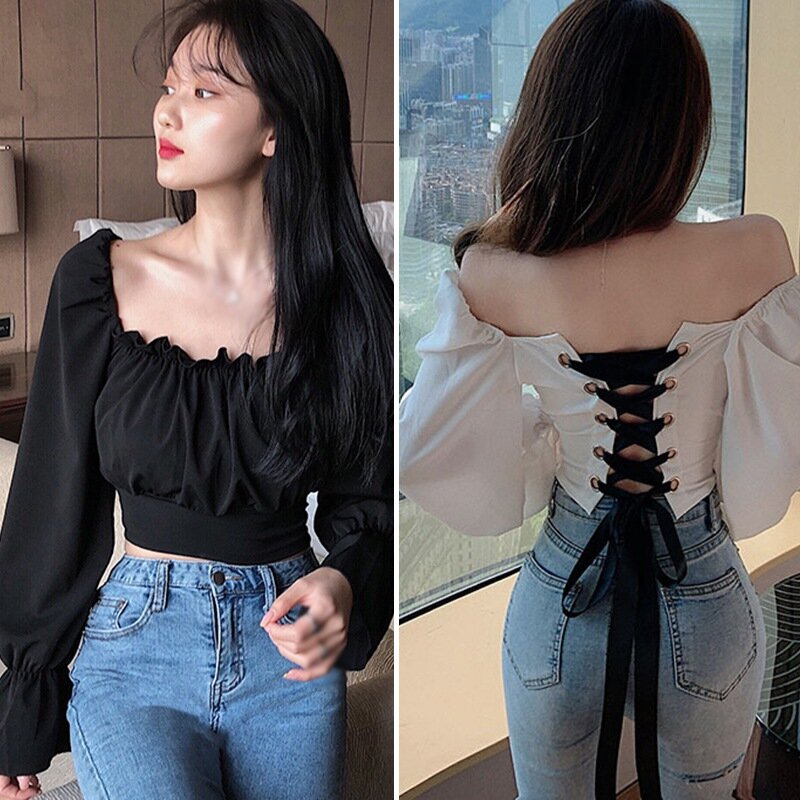 Stile coreano Camicette delle Donne Cinghie Incrociate Sexy di Dimagramento Bolla a maniche lunghe Camicette Camicette Magliette E Camicette