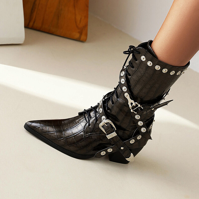 New Vintage Ladies Mid-calf Boots Chunky Heels Belt Buckle Boots Pointed Toe Rivet Booties Women Goth punk Party Woman Shoes 41