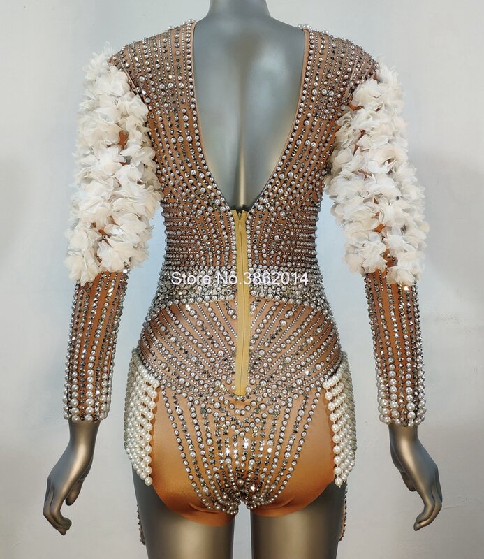 高級真珠ラインストーンの花のスリーブ女性のセクシーな歌手のパフォーマンスステージジャズダンス衣装誕生日パーティークラブ着用