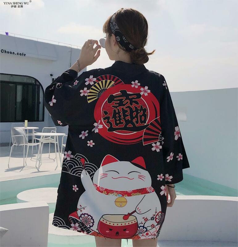 Beruntung Kucing Kimono Jepang Streetwear Cardigan Harajuku Jubah Jepang Gaya Pakaian Musim Panas Pria Wanita Hitam Putih Jaket Atasan