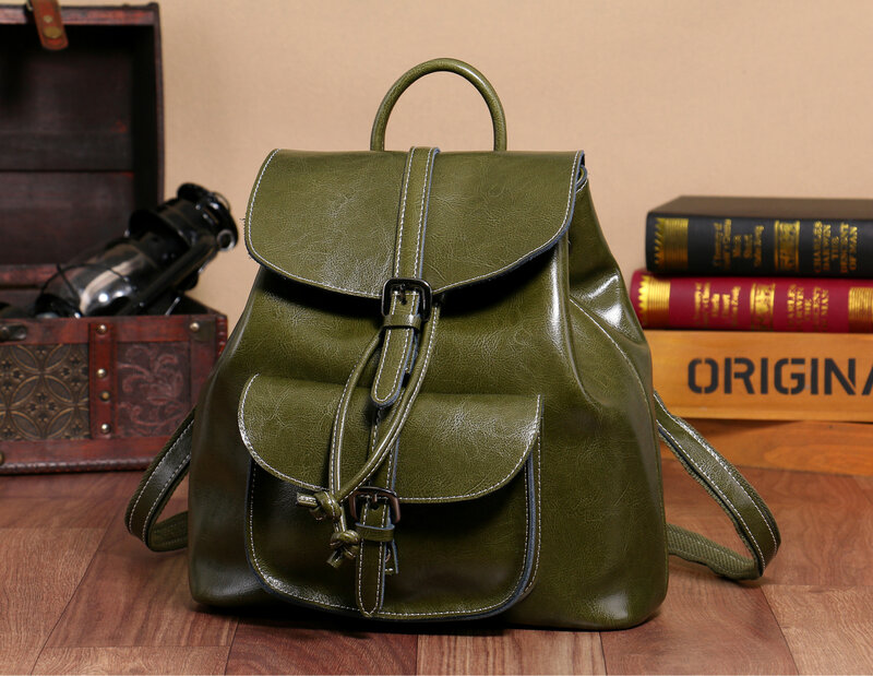 New Oil Wax Leather With Drawstring Convergent Clamshell Leisure Classic Multi-Function Large Capacity Women'S Backpack