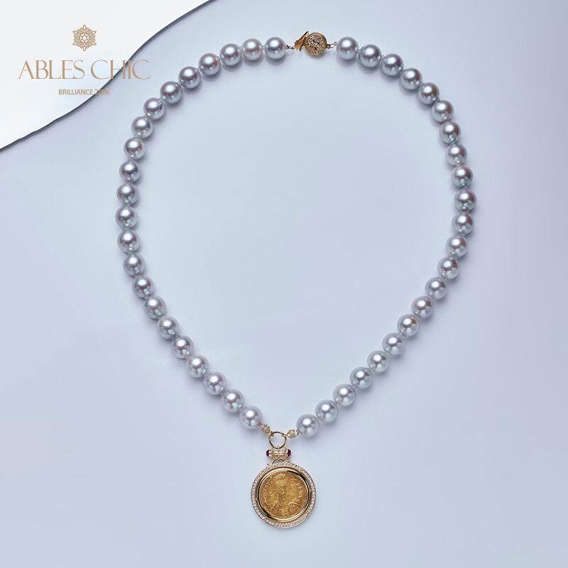 Pièce de monnaie byzantine prairie authentique en or massif 18 carats, perle Akoya, diamant 9mm, 0,66 ct adren0,37 ct, pendentif médaillon réversible uniquement