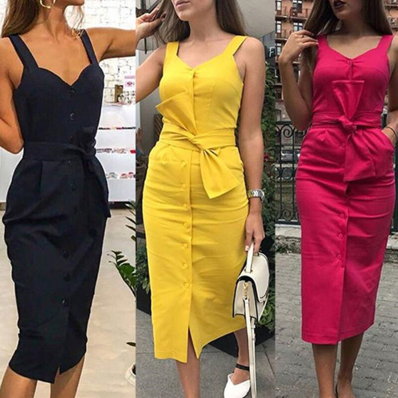 Women Dress Solid Sleeveless Vestidos V Neck Button Dress Holiday Beach Dress Party Night With Belt Dresses Vestidos Verano 2020