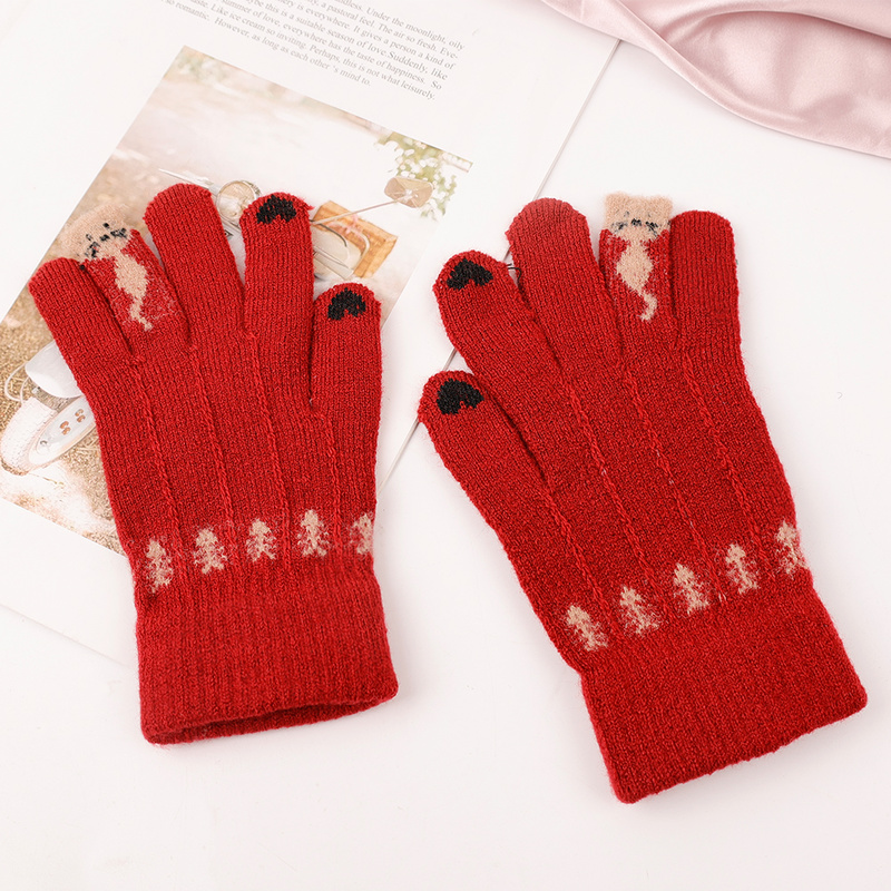 Зимние женские красные кашемировые вязаные перчатки новогодние подарки грелка для рук утолщенная подкладка полная кожа лыжные перчатки на запястье