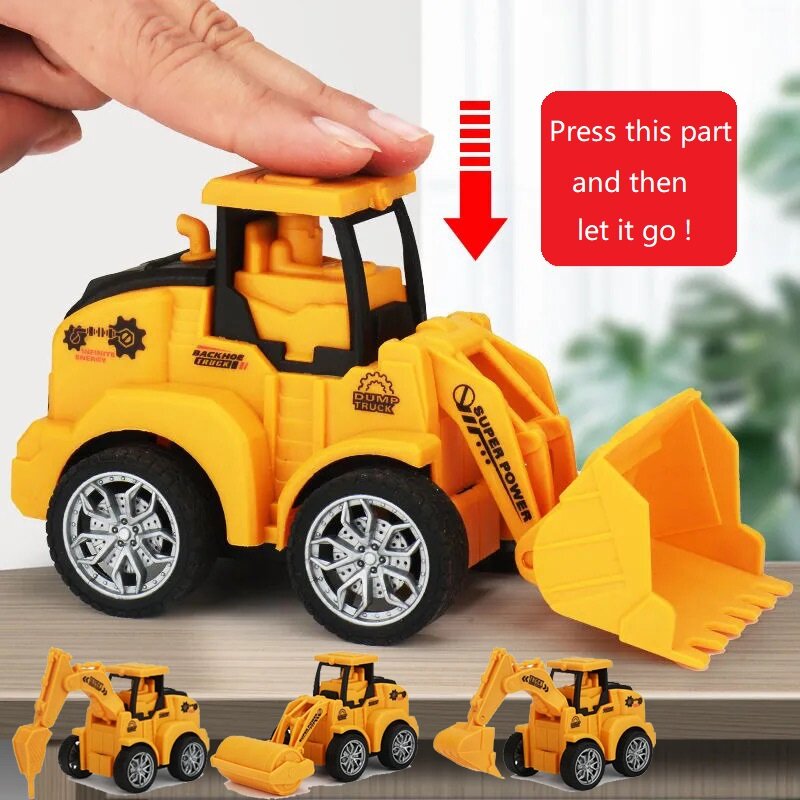 Engenharia Car Plastic Toys for Kids, Diecast Construction Vehicle, Caminhão modelo escavadeira para meninos, Presente de aniversário engraçado, 4 estilos