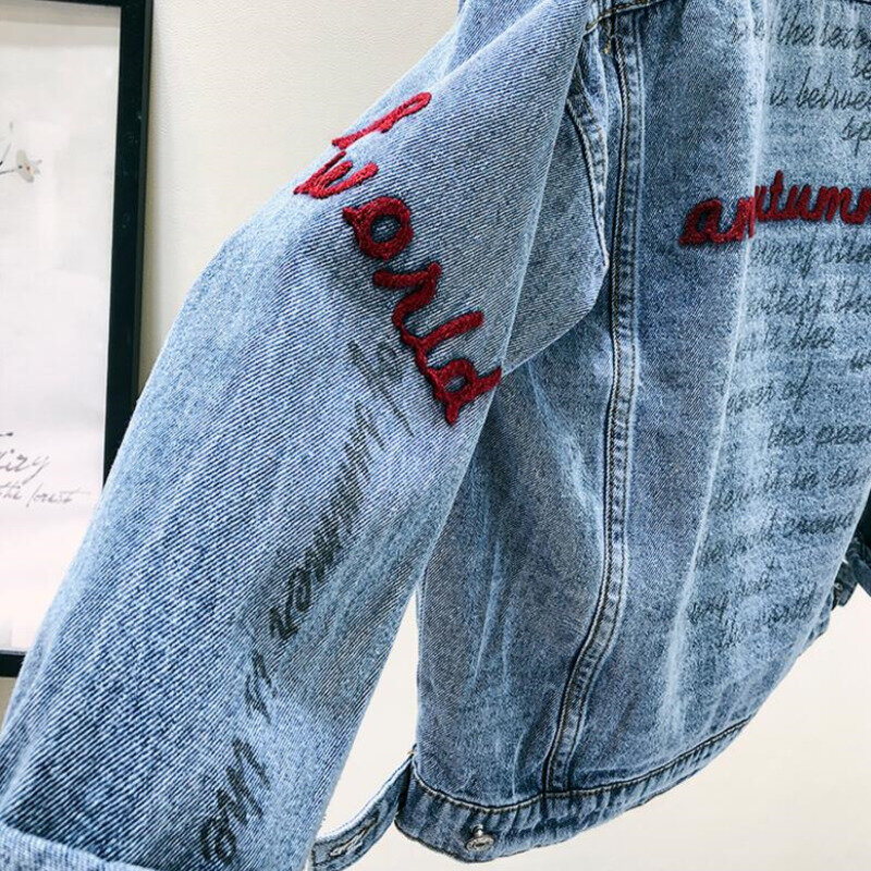 春秋のルースデニムジャケット女性高品質刺繍原宿フード付きジーンズコートchaquetas mujer veste enジーンズ