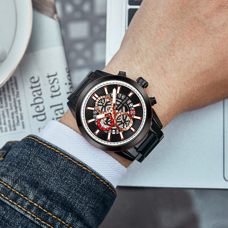 Minifocus steanpunk cronógrafo relógio de quartzo para homem casual esporte relógios calendário banda de aço inoxidável relógio de pulso masculino