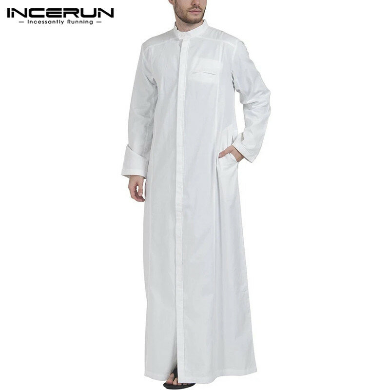 INCERUN Men Muslim Clothes Solid Color Jubba Thobe Long Sleeve Stand Collar Robes Dubai Middle East Men Islamic Arabic Kaftan