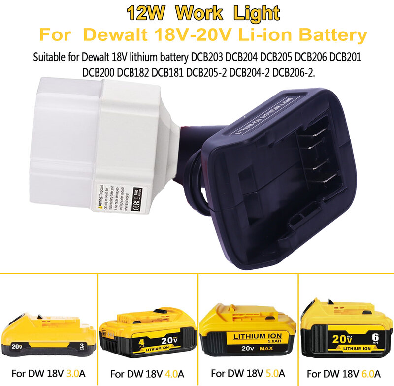 調整可能なポータブルLEDキャンプライト,屋内緊急作業灯,バッテリーはDeWalt,12w,dcb203,dcb204,dcb
