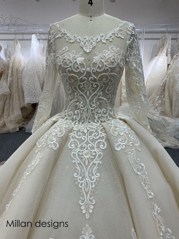 รูปภาพจริง Luxury Wedding Dresses Royal หางแชมเปญชุดบอลชุดเจ้าสาวลูกไม้ลูกไม้ชุดเจ้าสาว Vestido De Novias
