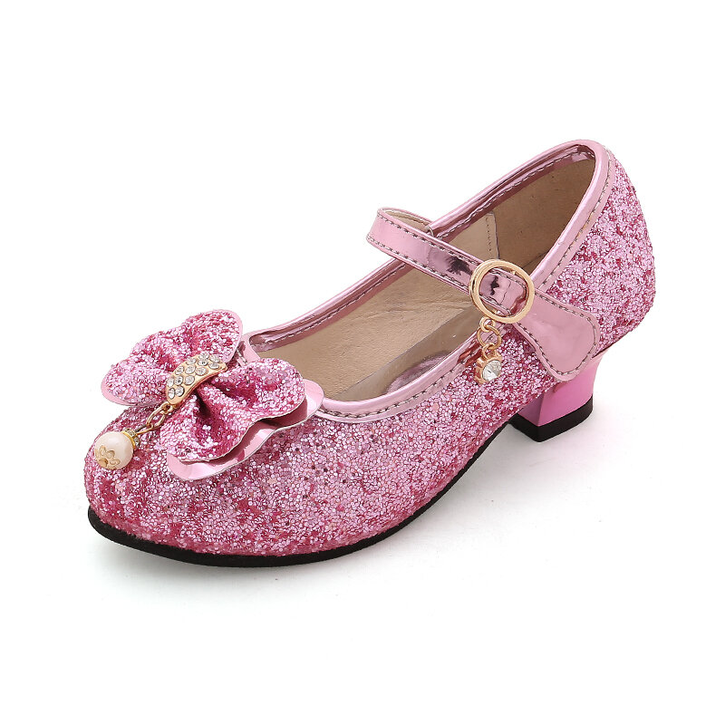 Children Girls Leather Shoes New princess high heels sequin children's shoes small and medium girls princess shoes student shoes