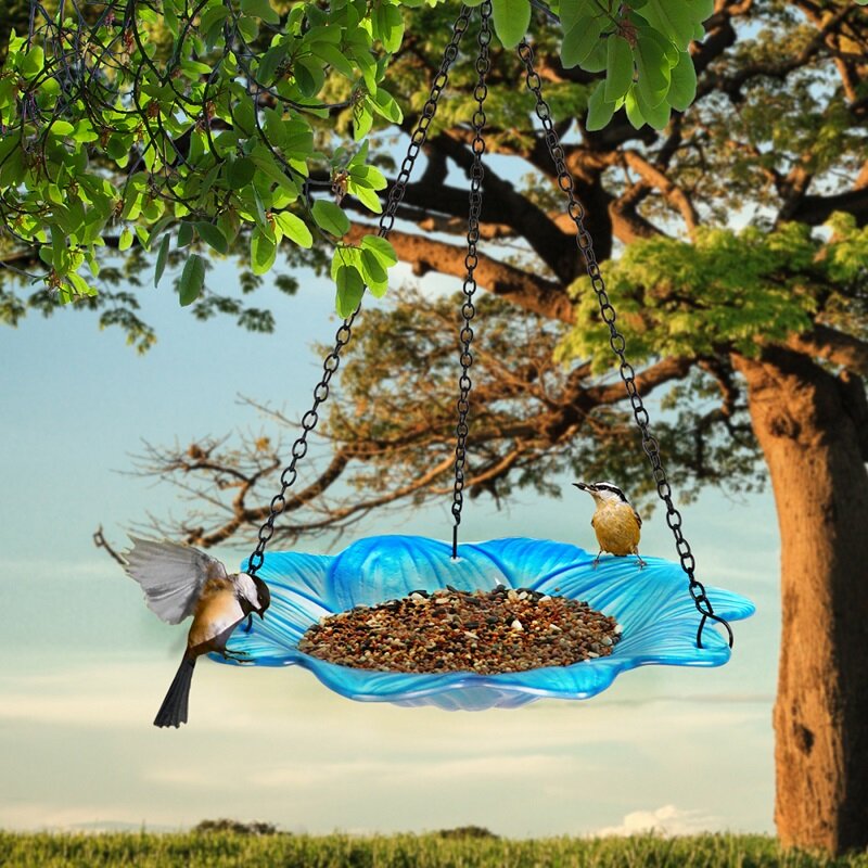 Hanging Bird Feeder Blue Flower Glass Feeding Supplies for Garden Outdoor Decoration and Patio and Bathroom Accessories for Bird