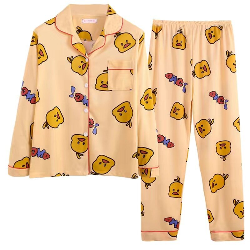 Conjunto de pijamas feminino primavera e outono novo estilo casual fold-down cardigan manga comprida tamanho grande dos desenhos animados nightshirt menina