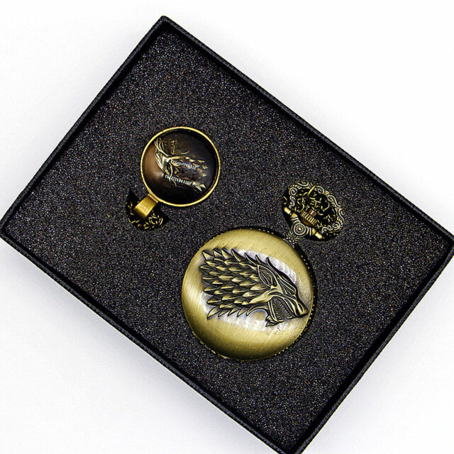 Conjunto de reloj de bolsillo con diseño de película de bronce Retro para hombre y mujer, conjunto de collar y colgante para regalo