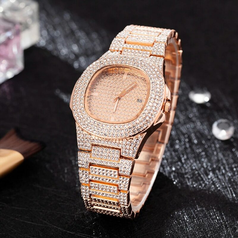 Luxus Frauen Uhr Set Gold Uhren Halsketten Armband Kubanischen Kette Schmetterling Strass Bling Schmuck 4Pcs Sets Geschenke Für frauen