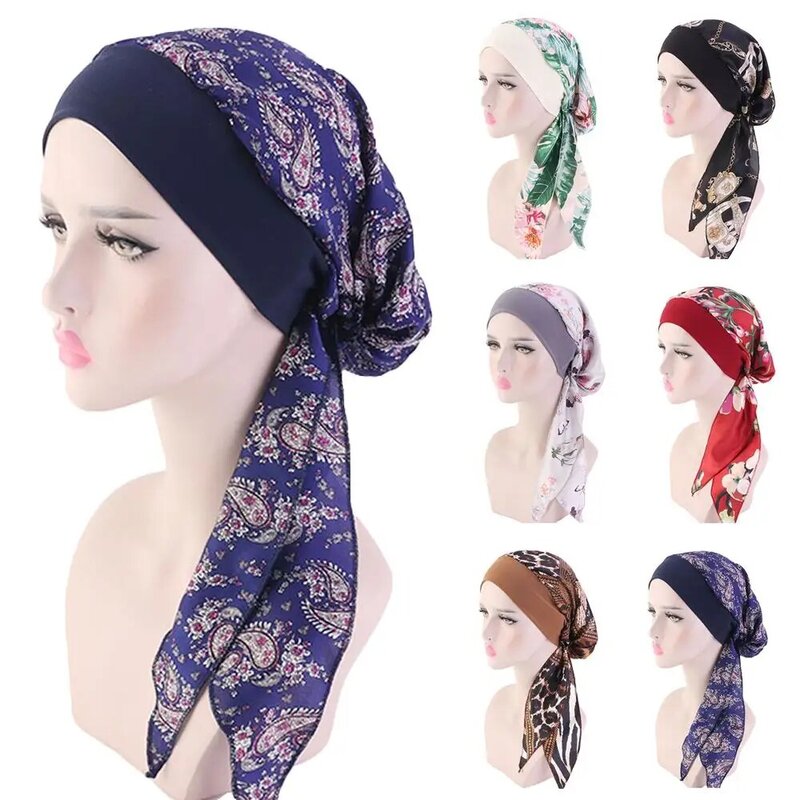 Turbante feminino com estampa de flor hijab, lenço com capuz e estampa de flores, moda muçulmano, para perda de cabelo, bandana, pré-amarrado, novo, 2020