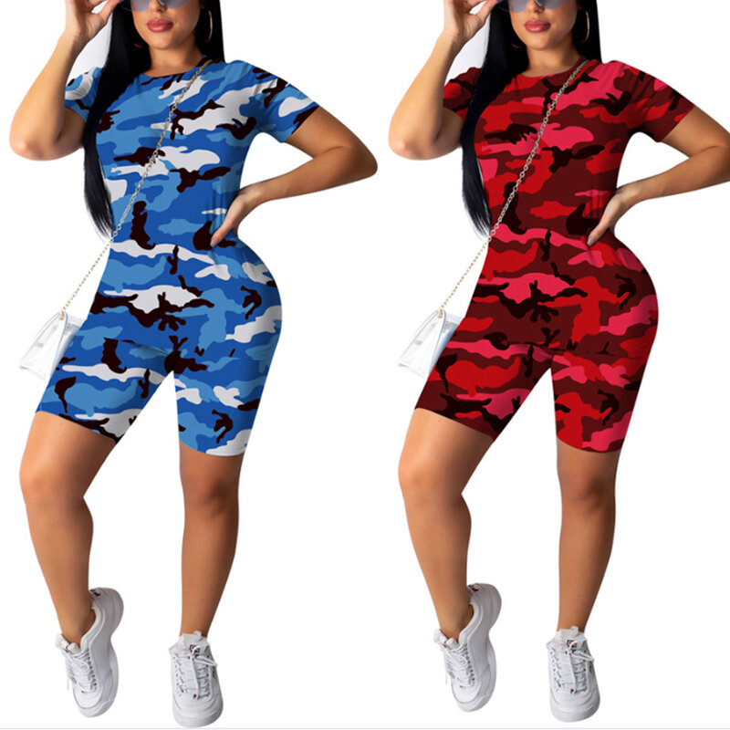 Conjunto de 2 piezas de camuflaje para mujer, de manga corta Camisetas estampadas, pantalones cortos ajustados, chándal informal