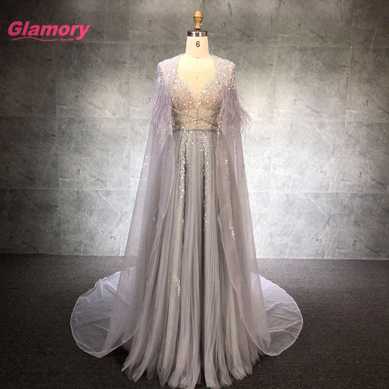 A-Line Evening Dresses With Feathers Shawl Women Shiny Beaded Prom Dress Robe De Soiree