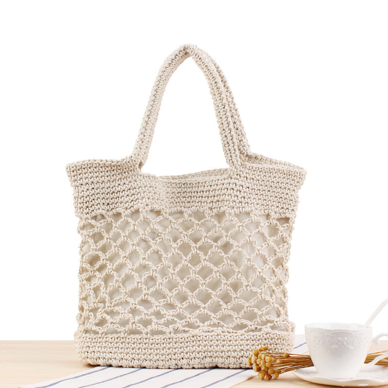 Однотонная плетеная пляжная соломенная сумка ручной вязки из хлопка, модные женские портативные сумки для отпуска