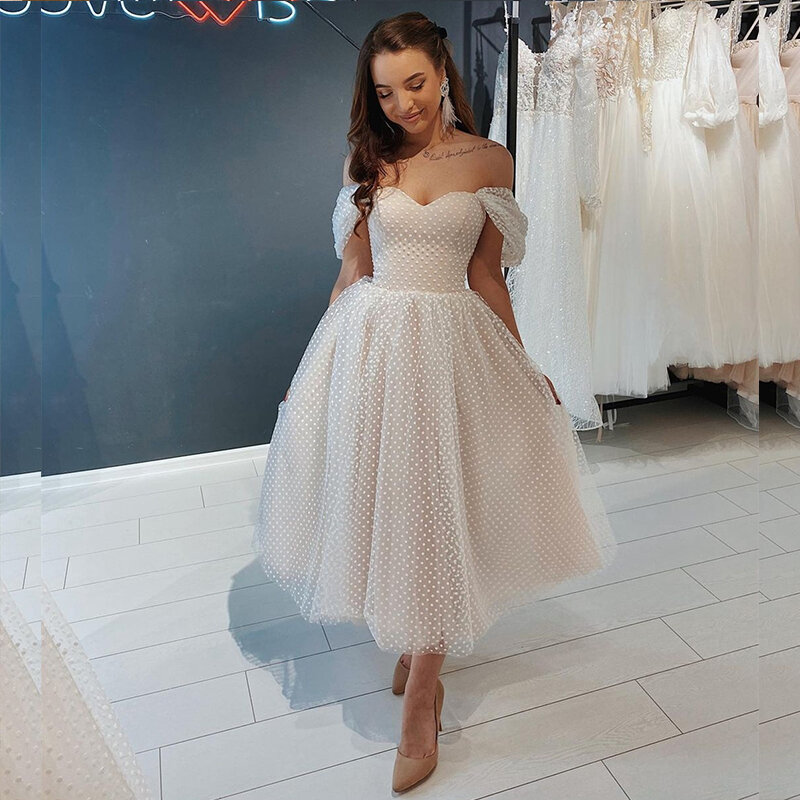 LSYX gaun pernikahan pendek 2023 bahu terbuka Panjang pergelangan kaki titik gaun pengantin Tulle pengantin cantik Tulle Robe De Mariee anggun