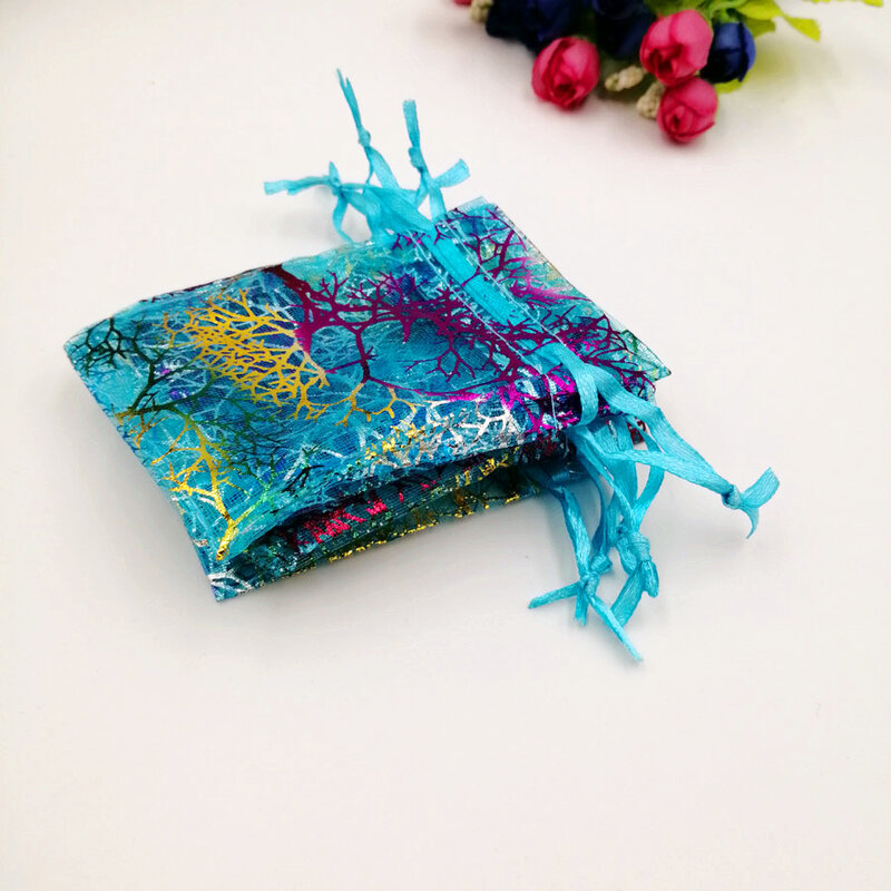 100pcs Blue Coral Organza Bag Drawstring Del Sacchetto Del Sacchetto Dell'organizzatore Dei Monili del Contenitore di Regalo Per Wed Di Natale Jewelry Display Packaging Borse