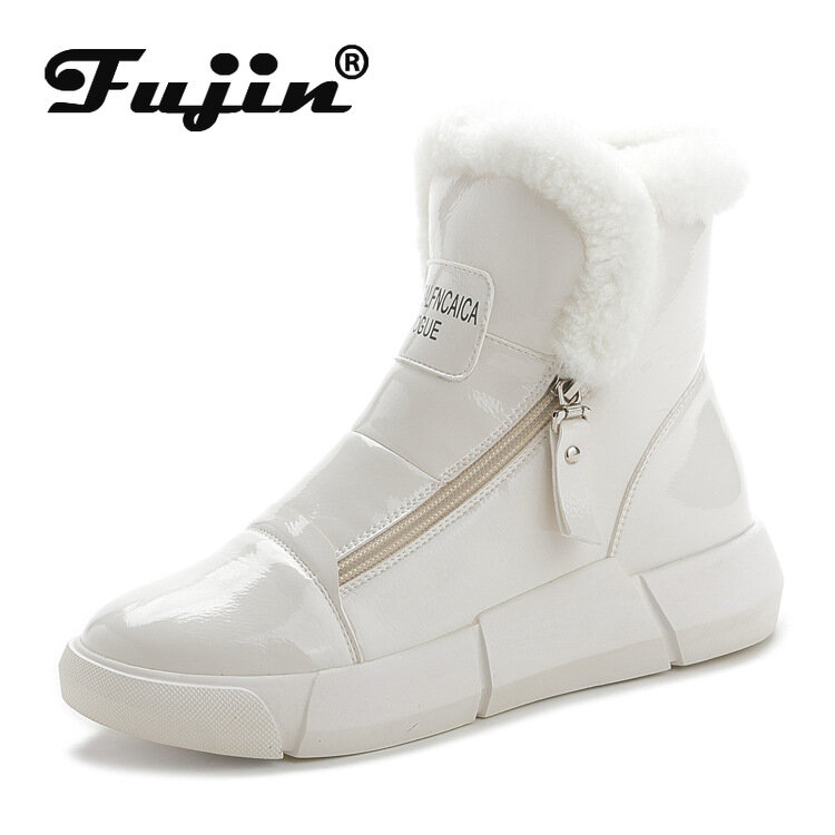 Fujin pluszowe damskie damskie zimowe buty botki platforma Za modne buty 2021 damskie śniegowe buty wodoodporne dół skórzany zamek ciepły