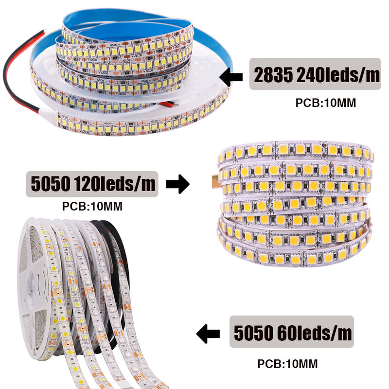 Bande LED Flexible haute luminosité, DC12V, 5050, 5054, 2835, 240 diodes/m, ruban de corde LED, lampe blanche chaude/blanche froide, 5m