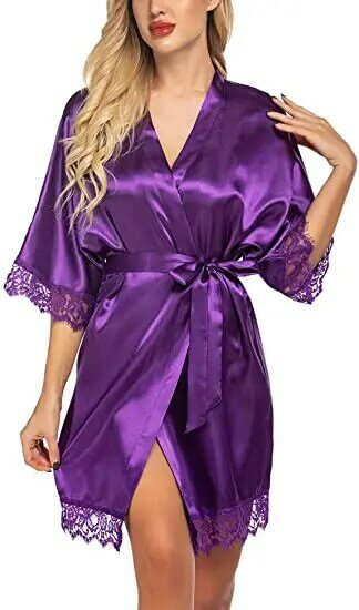 Silky Lace Robe, Monochrome robe，Satin Bridesmaid Robes ,Lace Bride Robe,Bridesmaid Gifts , women robe A9007