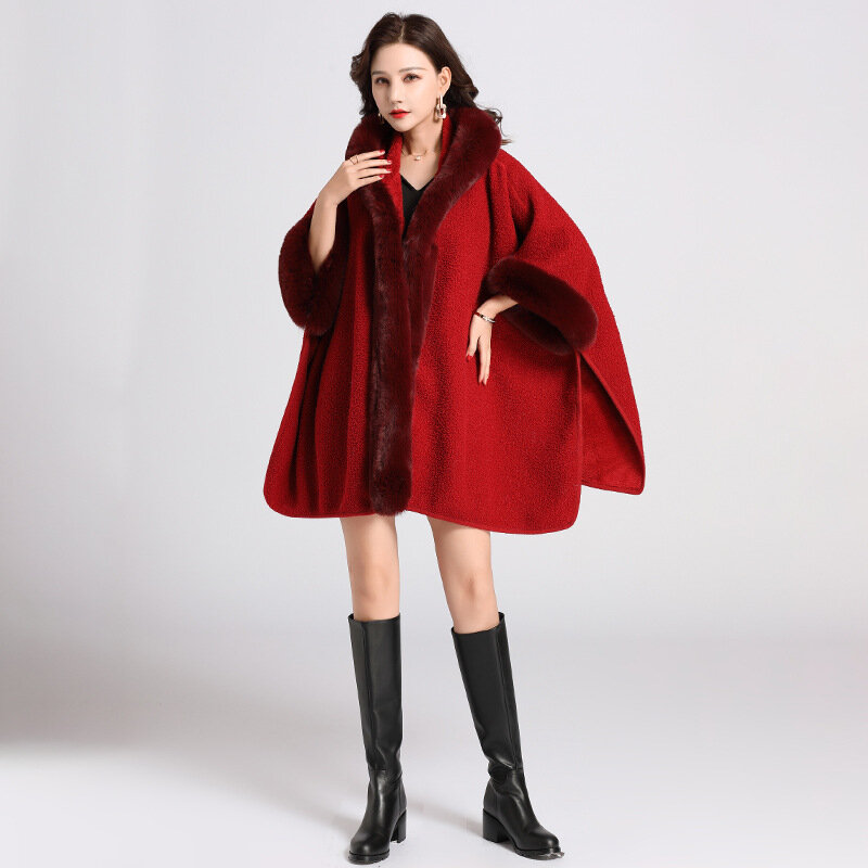 3 Colors Women Granular Velvet Loose Poncho Winter Thick Outstreet Wear Capes Faux Fur Collar Bat Sleeves Long Overcoat With Hat