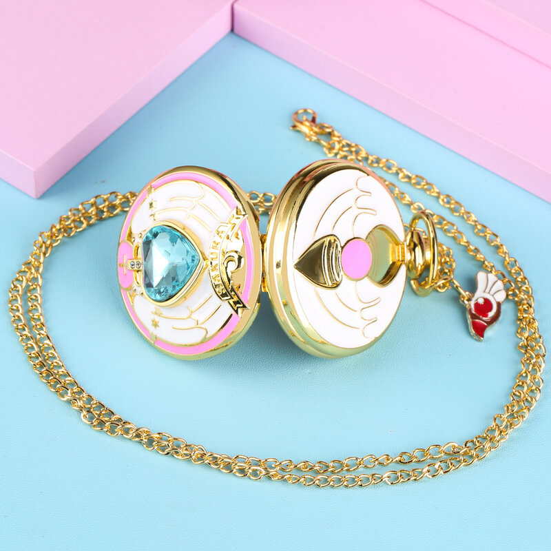 Luxo ouro em forma de coração gem relógio de bolso de quartzo com cardcaptor sakura acessório pingente colar corrente steampunk presentes femininos