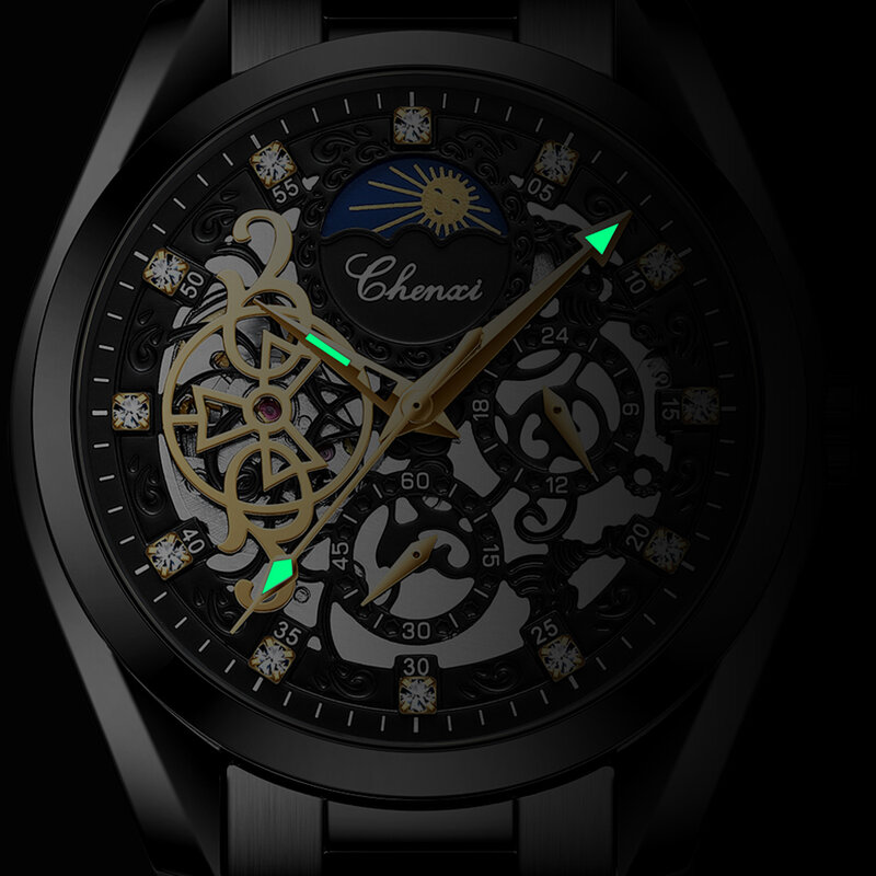 CHENXI-Relógio de pulso impermeável clássico masculino, aço inoxidável, fase da lua, automático, mecânico, marca superior, luxo