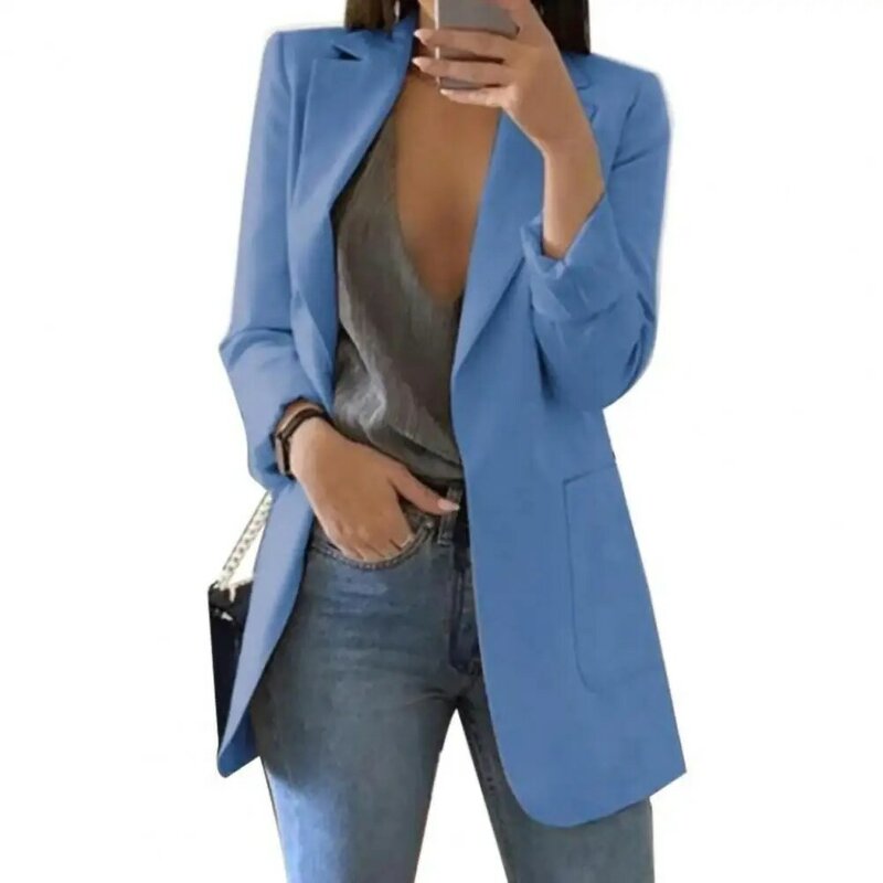 Summer Women Blazer Jacket Lapel All-match Open Front Stylish Office Lady Slim Suit Overcoat Solid Color Long Blazer