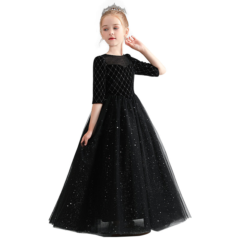 Dideyttawl vestido negro brillante de media manga para niñas, vestido de desfile de pana, vestidos de dama de honor Junior, vestido de flores para niñas, fiesta de cumpleaños